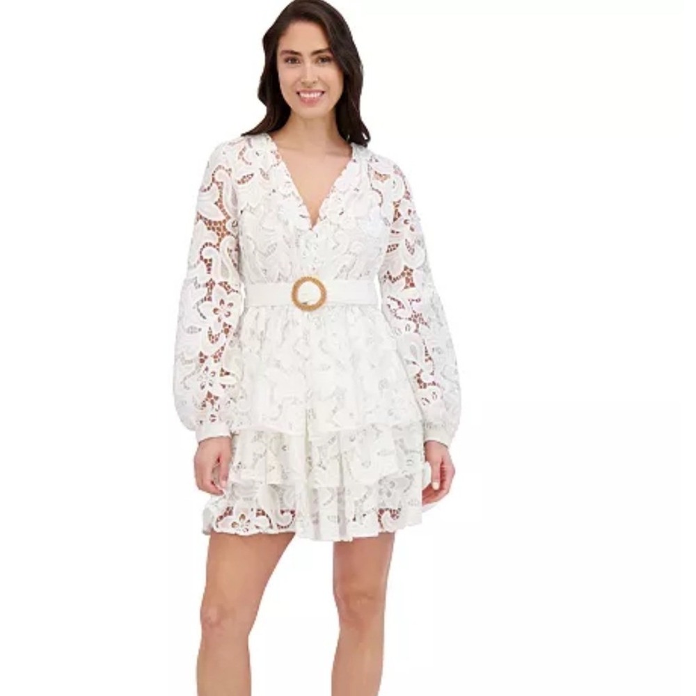 Siena Lace Mini Dress Women 2 New White Eyelet Belted Tiered MSRP $168